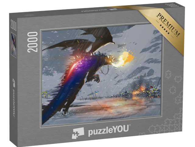 puzzle 2000 dílků „Obří drak letí nad sněhem a svým ohněm ničí město.“