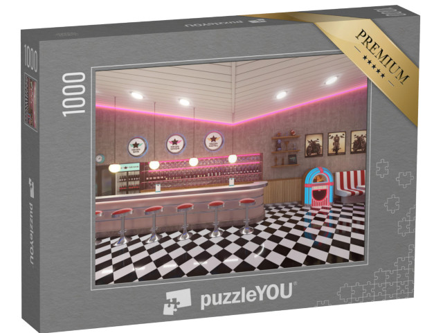 puzzle 1000 dílků „Retro interiér s dlážděnou podlahou a jukeboxem“