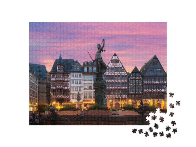 puzzle 1000 dílků „Staroměstské náměstí Römerberg se sochou Justitia ve Frankfurtu, Německo“