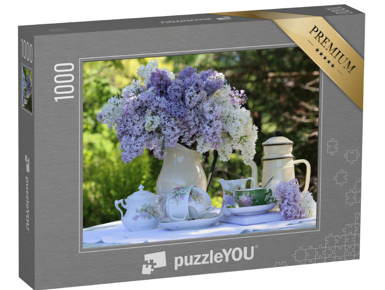 puzzle 1000 dílků „Svěží kytice šeříků na vintage konferenčním stolku“