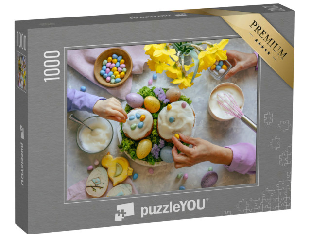 puzzle 1000 dílků „Velikonoční dort je zdobený barevnými velikonočními vajíčky.“