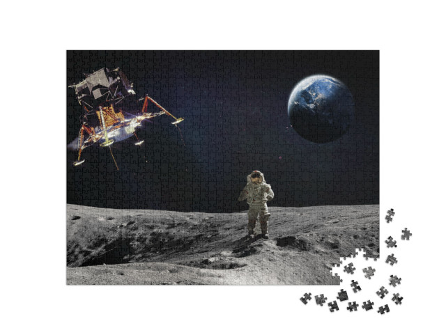 puzzle 1000 dílků „Měsíční povrch s astronautem a přistávající kosmickou lodí“