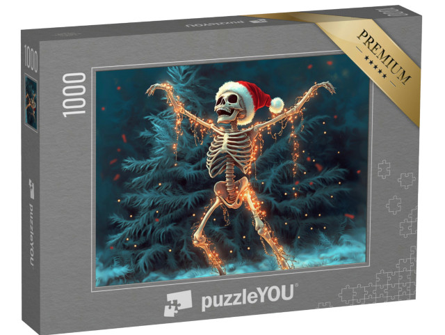 puzzle 1000 dílků „Tančící kostra Ježíška se santovskou čepicí v zimním lese“