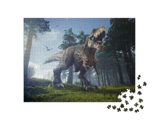 puzzle 1000 dílků „Lovecký revír Tyranosaura Rexe se dvěma Quetzalcoatly“