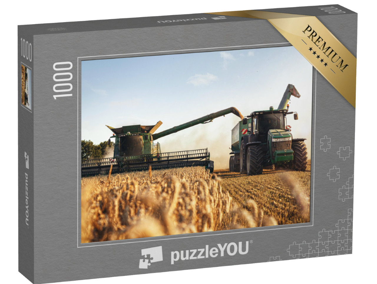 puzzle 1000 dílků „Kombajn a traktor při práci na pšeničném poli“