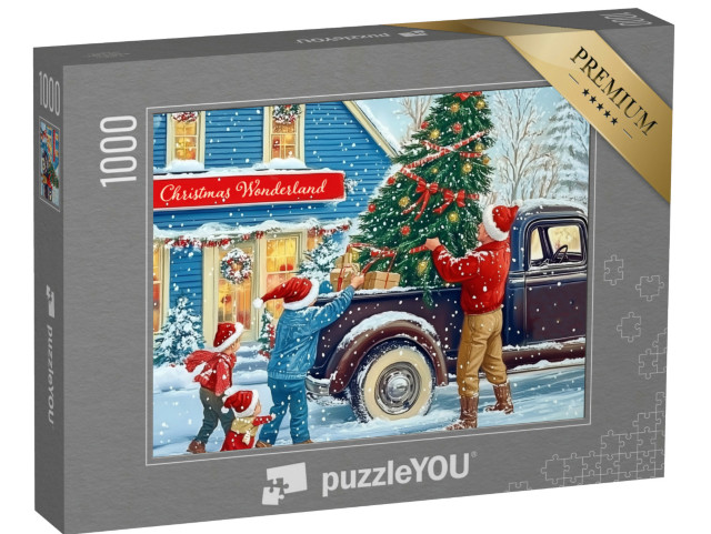 puzzle 1000 dílků „Retro vánoční design: vánoční stromek na pickupu“