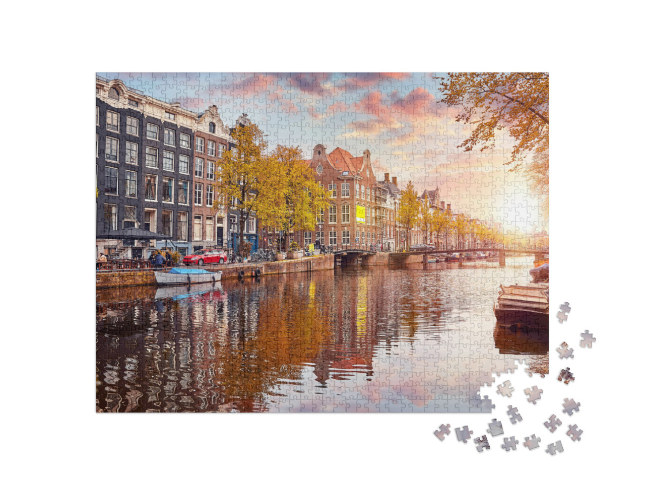 puzzle 1000 dílků „Teplé sluneční světlo na kanálu v Amsterdamu, Nizozemsko“