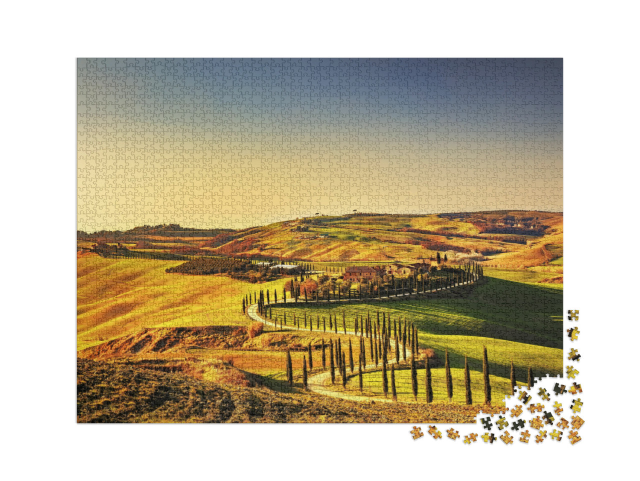 puzzle 2000 dílků „Západ slunce nad Toskánskem s cypřiši, Itálie“