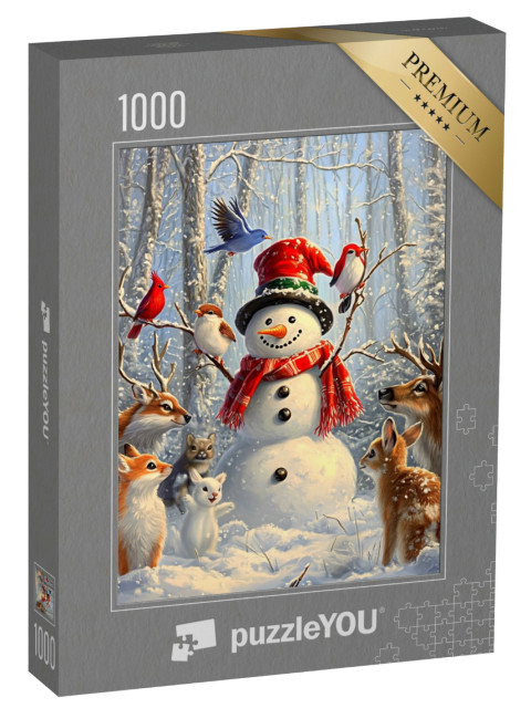 puzzle 1000 dílků „Šťastný sněhulák v lese zvířat“