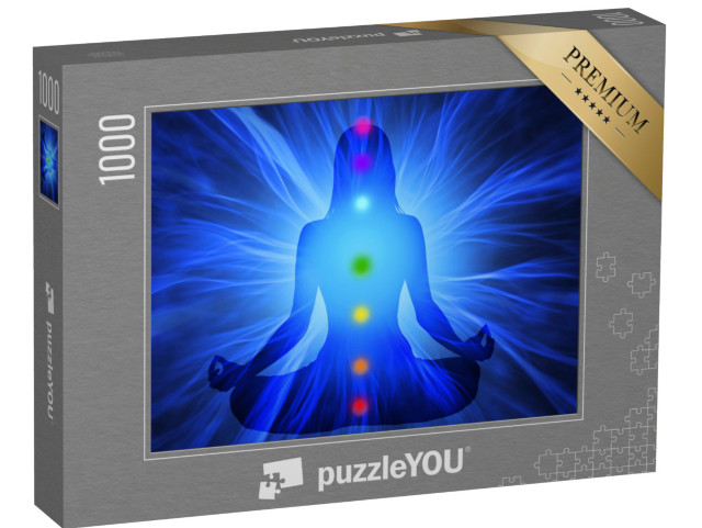 puzzle 1000 dílků „Silueta ženy cvičící jógu a dosahující sedmi čakrových bodů“