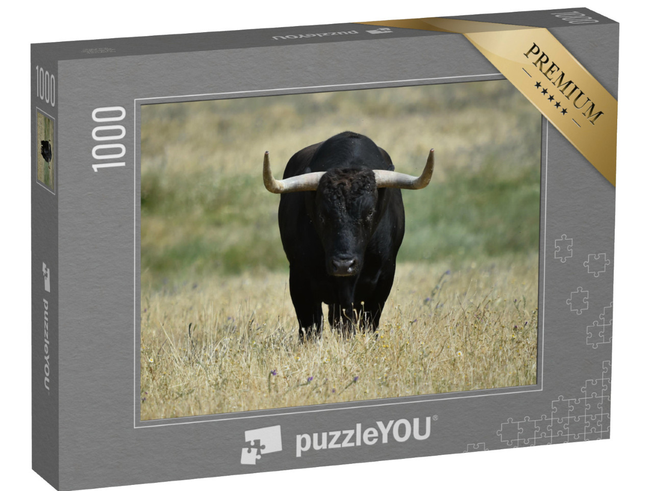 puzzle 1000 dílků „Černý býk s velkými rohy na poli“