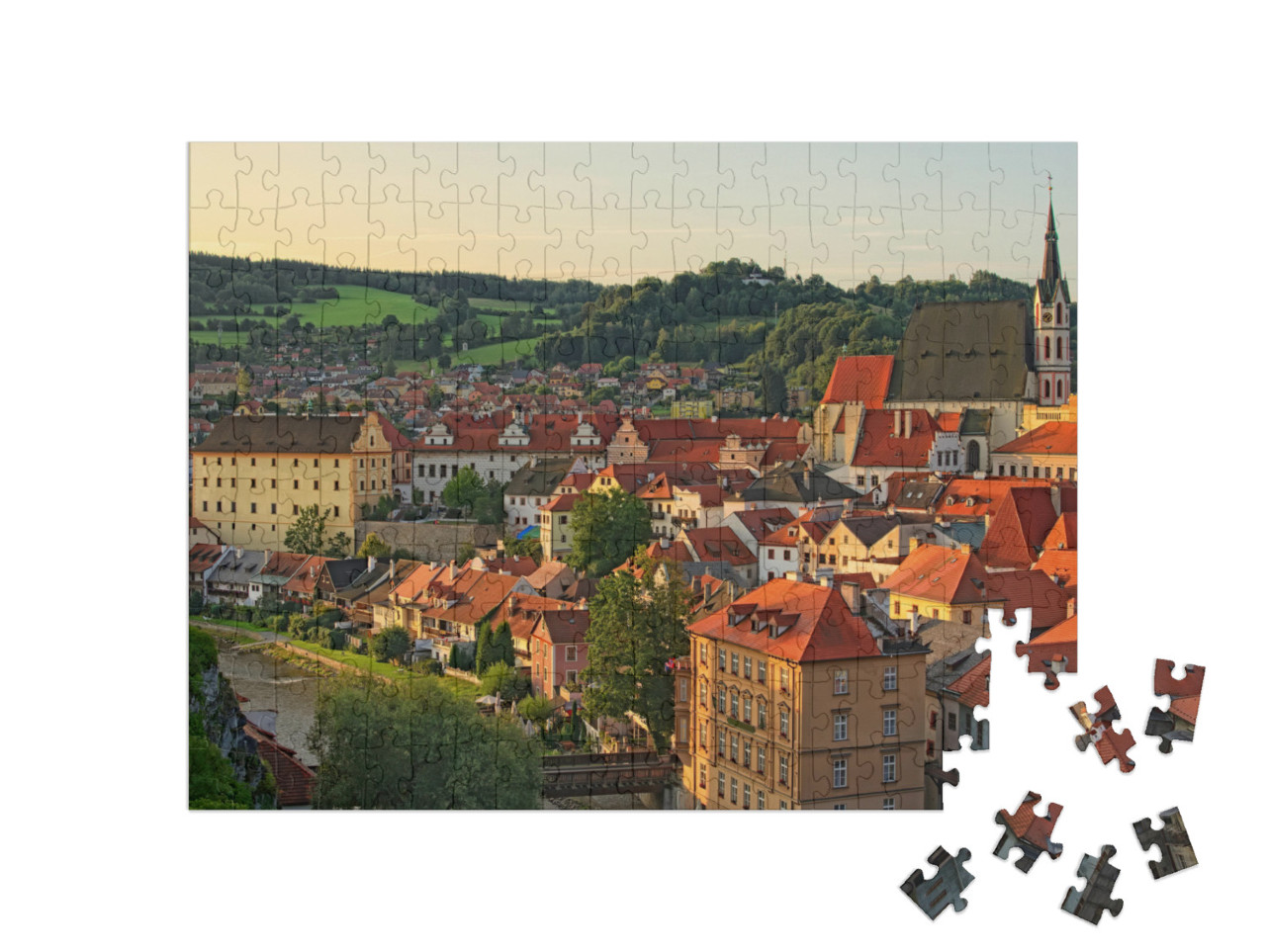 puzzle 200 dílků „Ranní krajina města s červenými taškovými střechami, Krumlov, Česká republika“