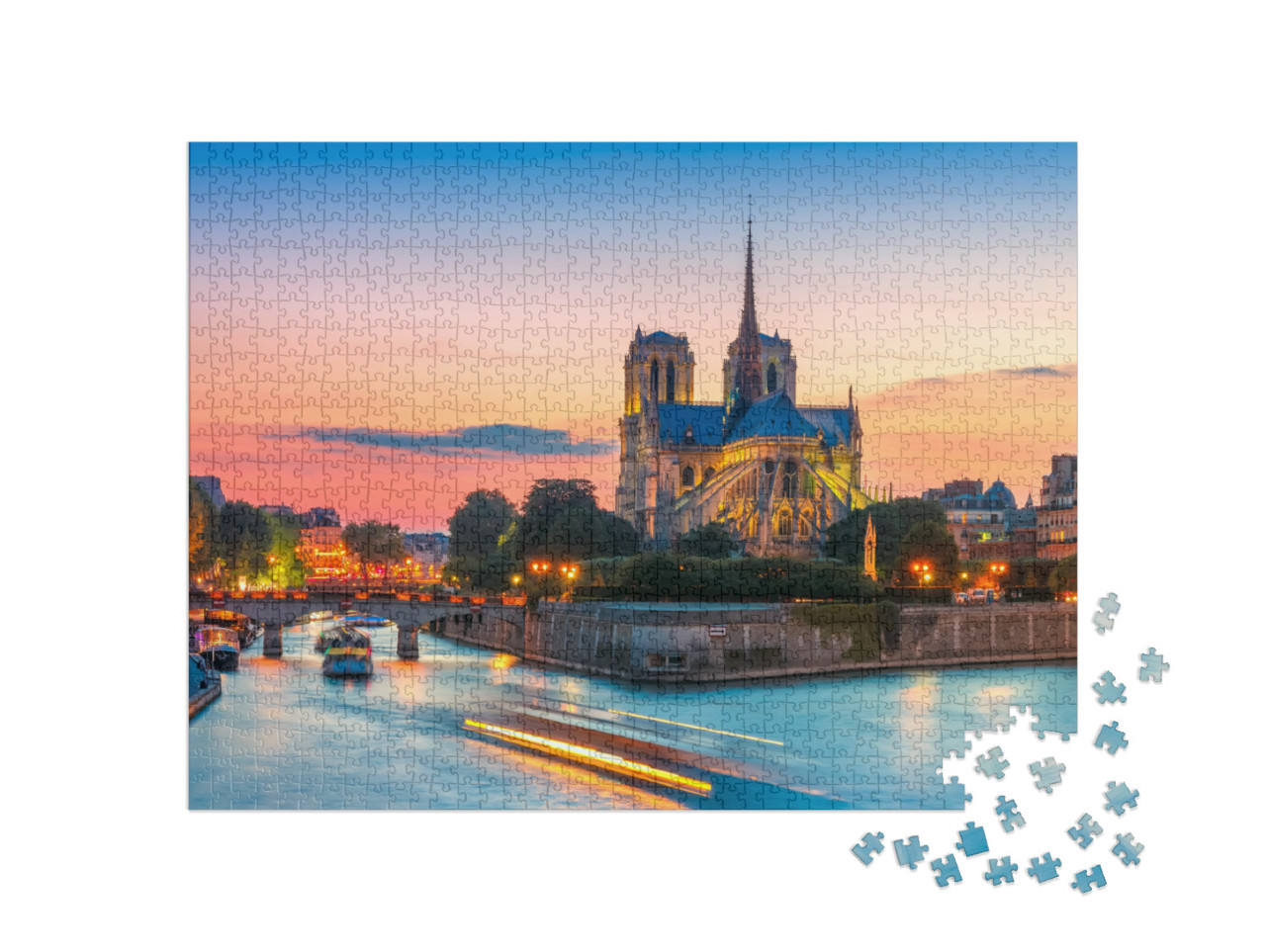 puzzle 1000 dílků „Malebná krajina katedrály Notre Dame de Paris, Francie“