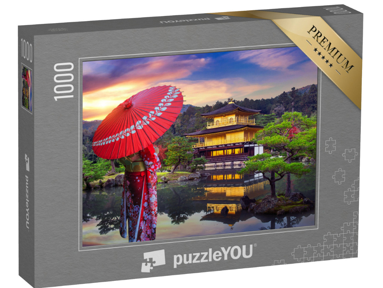 puzzle 1000 dílků „Asijská žena v tradičním kimonu před Zlatým pavilonem, Kjóto, Japonsko“