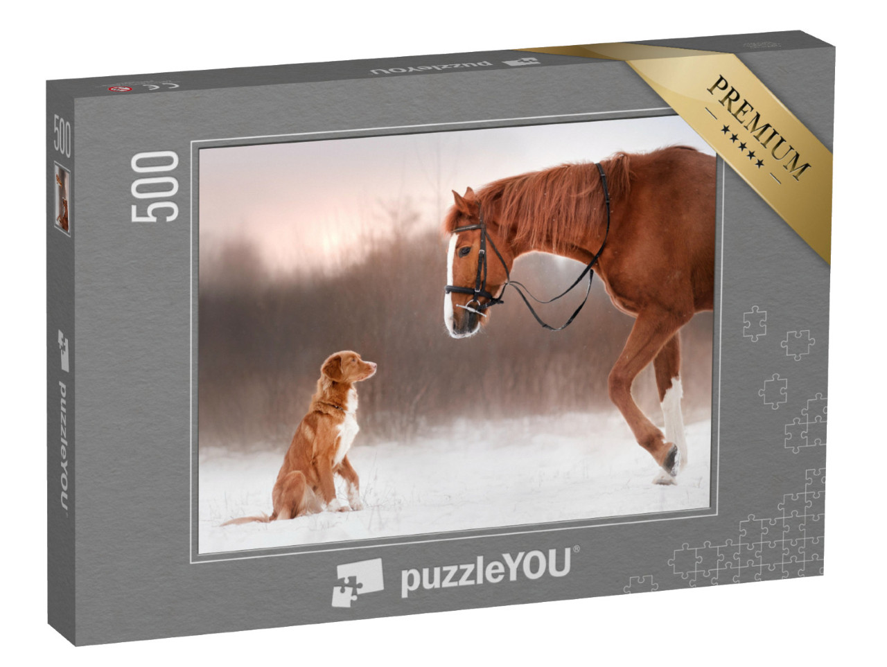 puzzle 500 dílků „Přátelství: Kůň a pes na procházce sněhem“