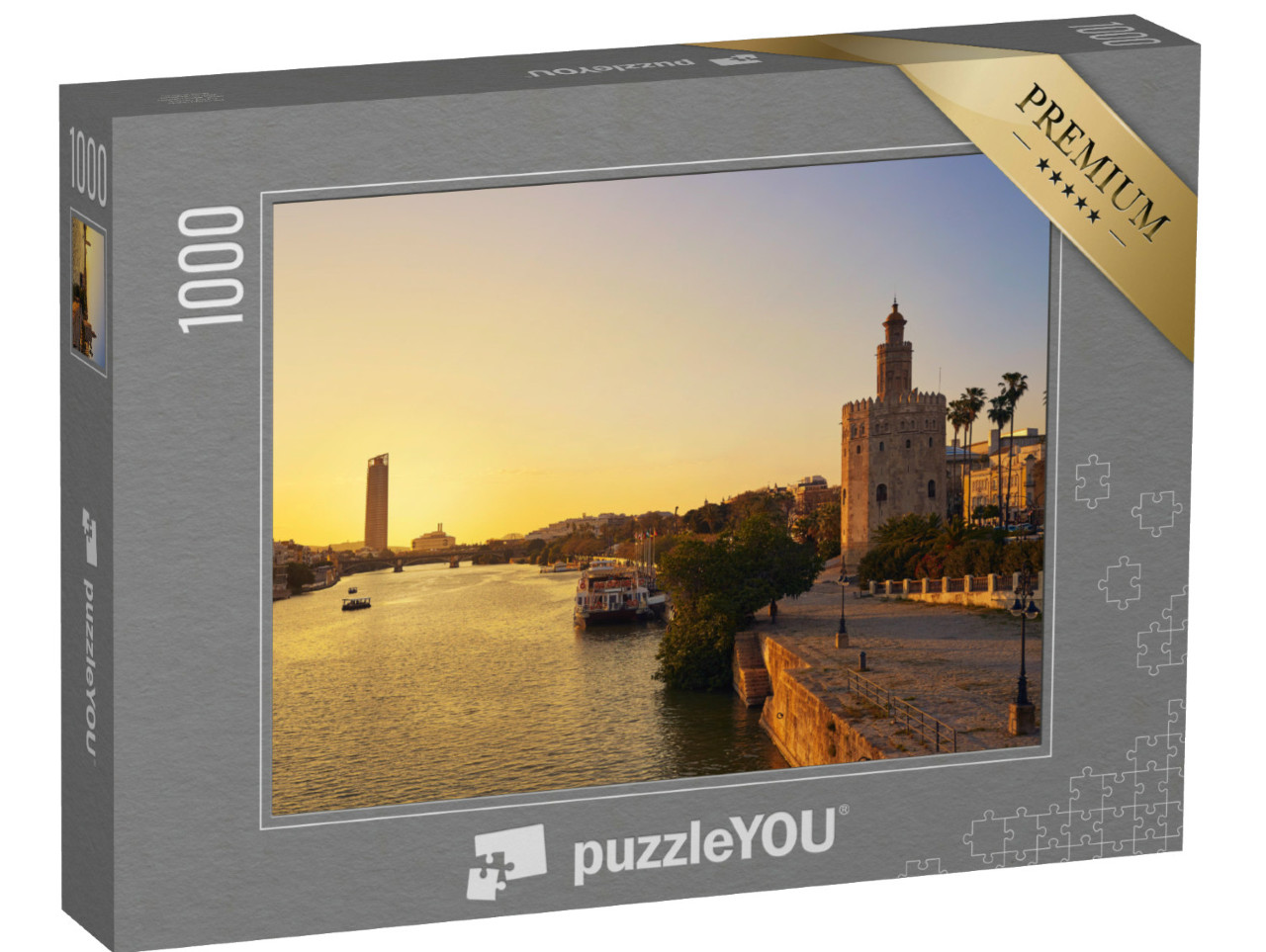 puzzle 1000 dílků „Západ slunce nad Sevillou: Torre del Oro, Španělsko“