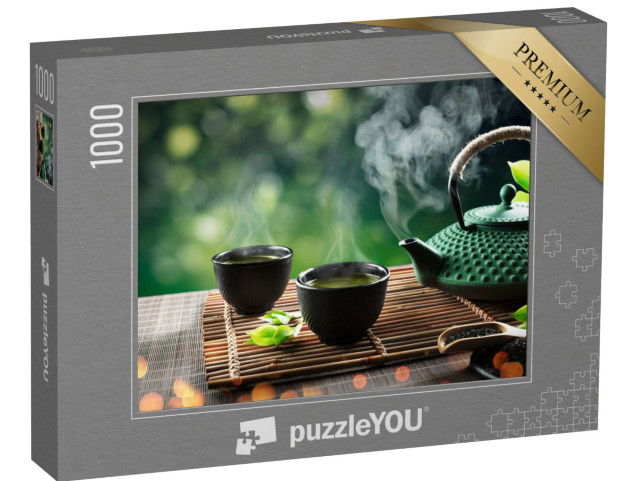 puzzle 1000 dílků „Japonský čaj - horká konvice a šálky na bambusové podložce...“