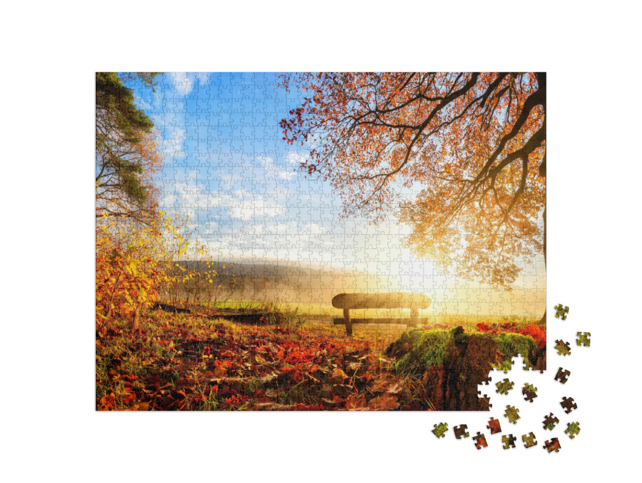 puzzle 1000 dílků „Dřevěná lavička k odpočinku v podzimní krajině“