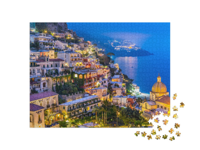 puzzle 1000 dílků „Noční pohled na vesnici Positano na pobřeží Amalfi, Itálie“