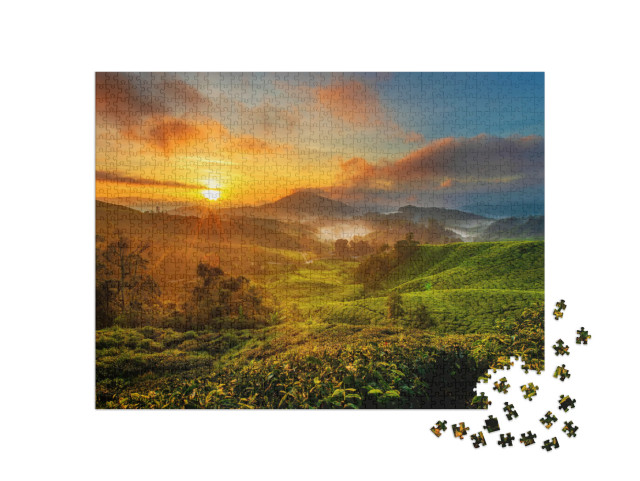puzzle 1000 dílků „Východ slunce nad čajovou plantáží v Cameron Highland, Malajsie“