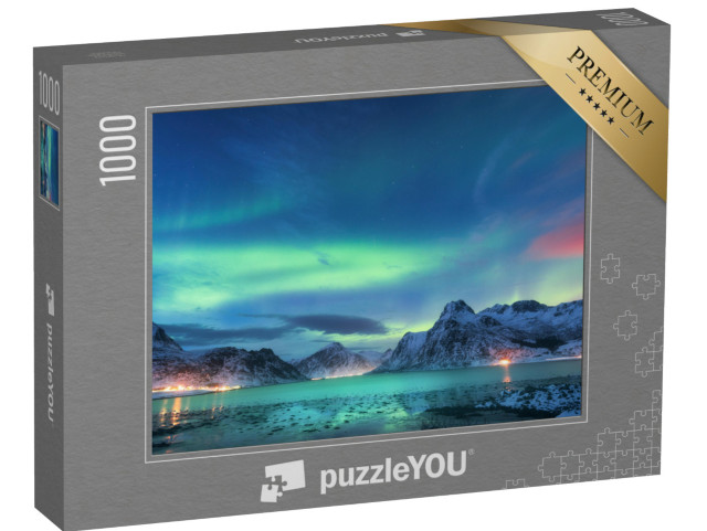 puzzle 1000 dílků „Polární záře nad mořským pobřežím a zasněženými horami“