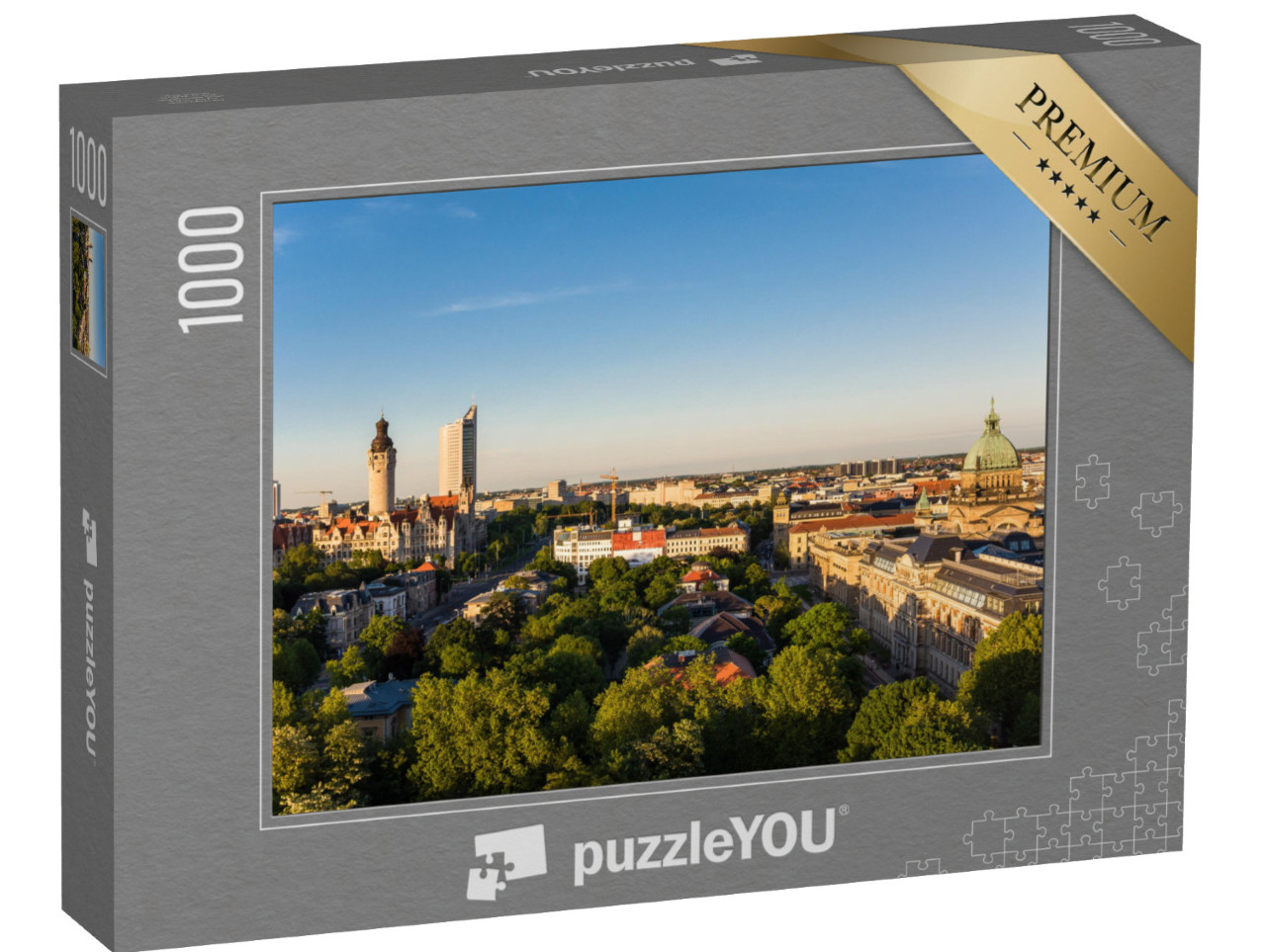 puzzle 1000 dílků „Panorama Lipska s radnicí při západu slunce, Německo“