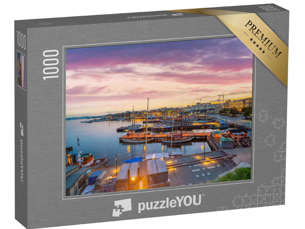 puzzle 1000 dílků „Panorama Osla s centrem města při západu slunce, Norsko“