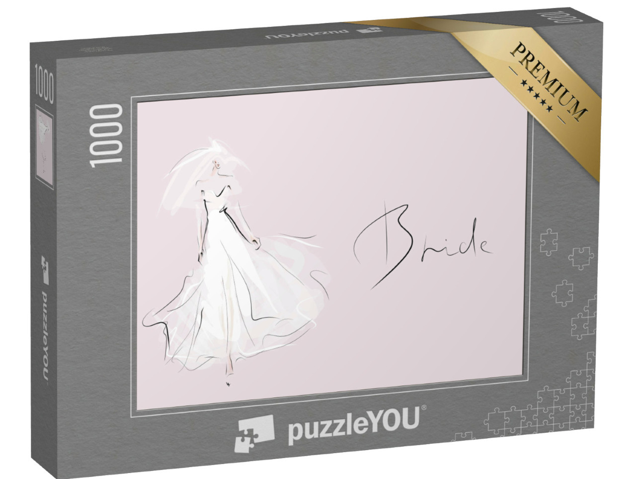 puzzle 1000 dílků „Mladá krásná nevěsta v bílých šatech. Ručně kreslený f“