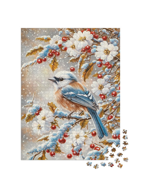 puzzle 1000 dílků „Pták na zasněženém keři“