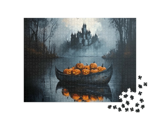 puzzle 1000 dílků „Strašidelný hrad s lodí plnou dýní“