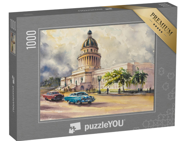 puzzle 1000 dílků „Stará americká klasická auta před Kapitolem, Havana, Kuba“
