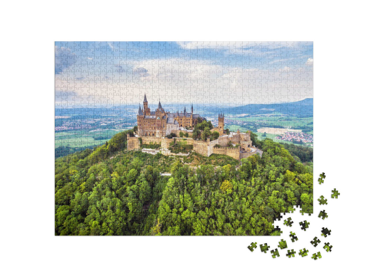 puzzle 1000 dílků „Letecký pohled na hrad Hohenzollern na vrcholu kopce nedaleko Stuttgartu“