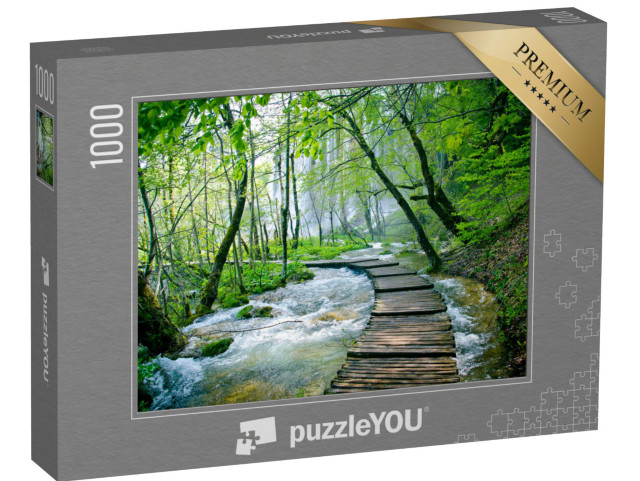 puzzle 1000 dílků „Dřevěná stezka a vodopád v Národním parku Plitvice, Chorvatsko“