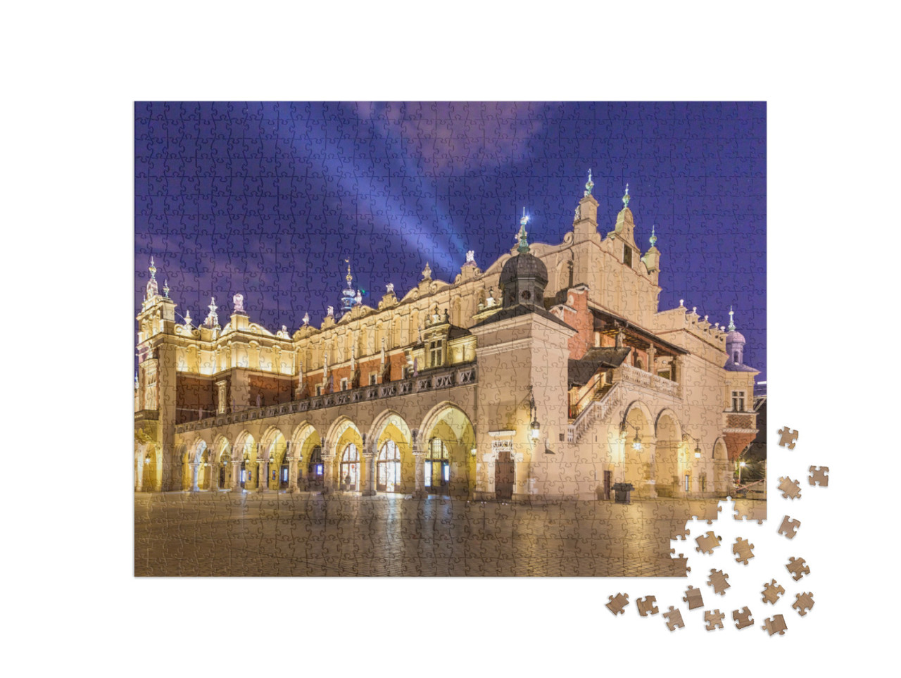 puzzle 1000 dílků „Sukiennice na hlavním náměstí v noci, Krakov, Polsko“