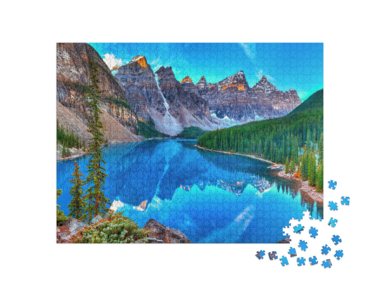 puzzle 1000 dílků „Východ slunce u jezera Moraine, Kanada“