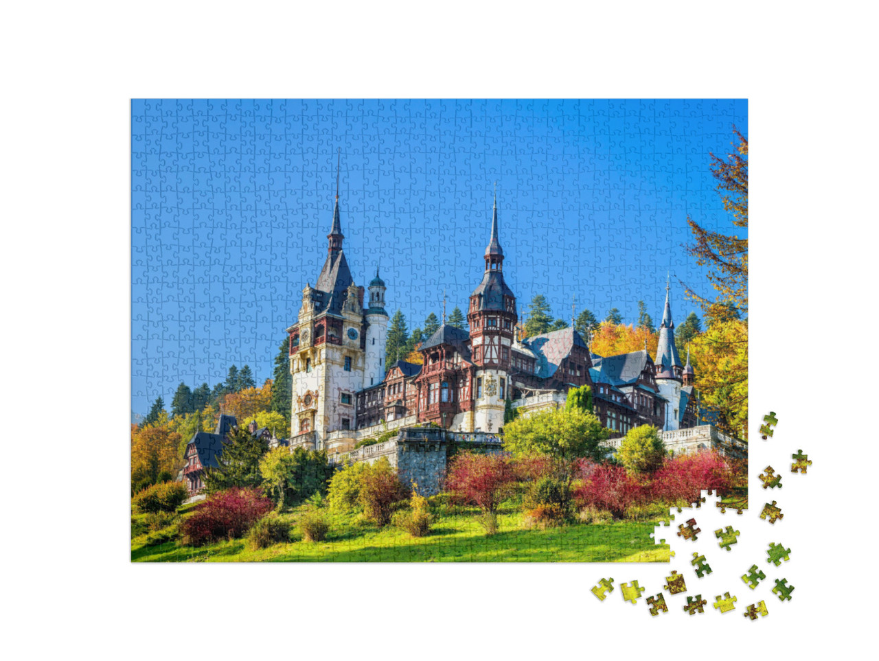 puzzle 1000 dílků „Královský hrad Peles s okrasnou zahradou, Karpaty, Rumunsko“