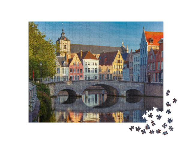 puzzle 1000 dílků „Kamenný most a středověké barevné domy v Bruselu, Belgie“