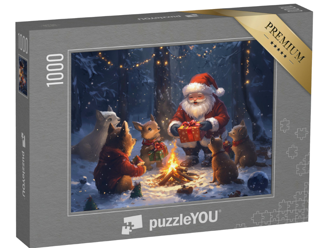 puzzle 1000 dílků „Lesní Vánoce: Zvířecí děti dostávají dárky od Otce Vánoc“