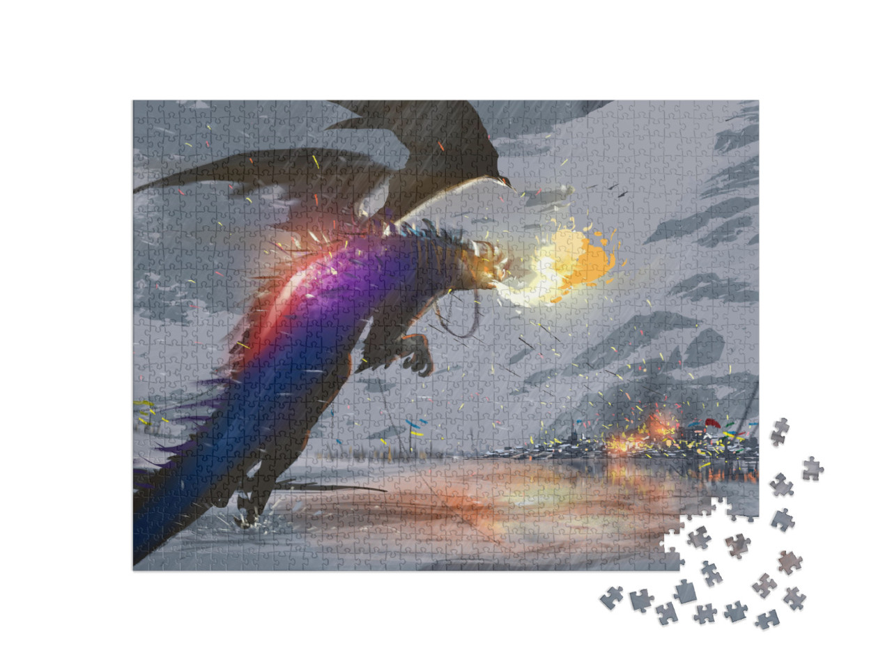 puzzle 1000 dílků „Obří drak letí nad sněhem a svým ohněm ničí město.“