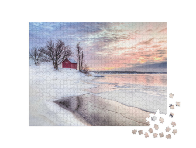 puzzle 1000 dílků „Chata na zimním souostroví ve Stockholmu, Švédsko“