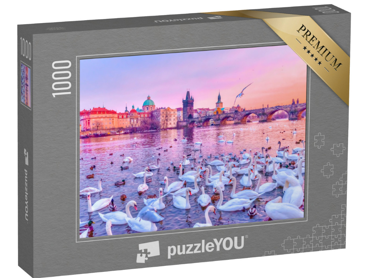 puzzle 1000 dílků „Labutě na Vltavě, západ slunce v Praze“