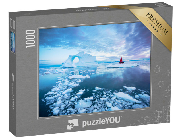puzzle 1000 dílků „Plachetnice s červenými plachtami pluje vedle ažurového ledovce“