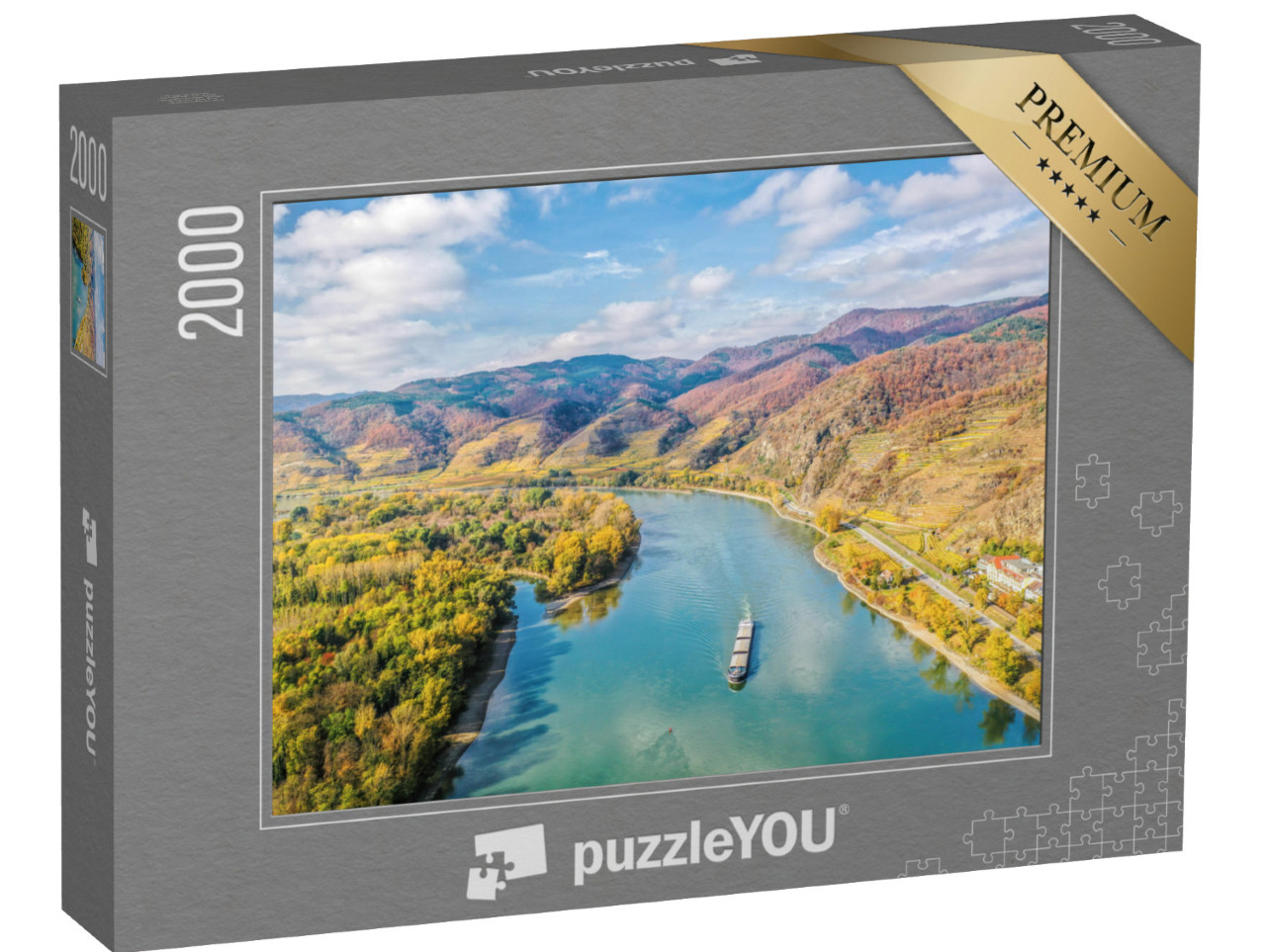 puzzle 2000 dílků „Panorama údolí Wachau s lodí na Dunaji“