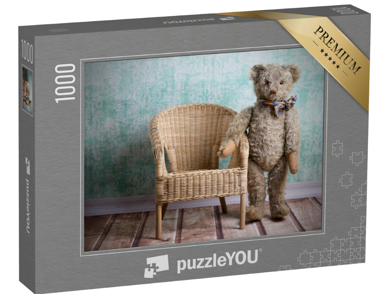 puzzle 1000 dílků „Vintage medvídek s proutěným křeslem“