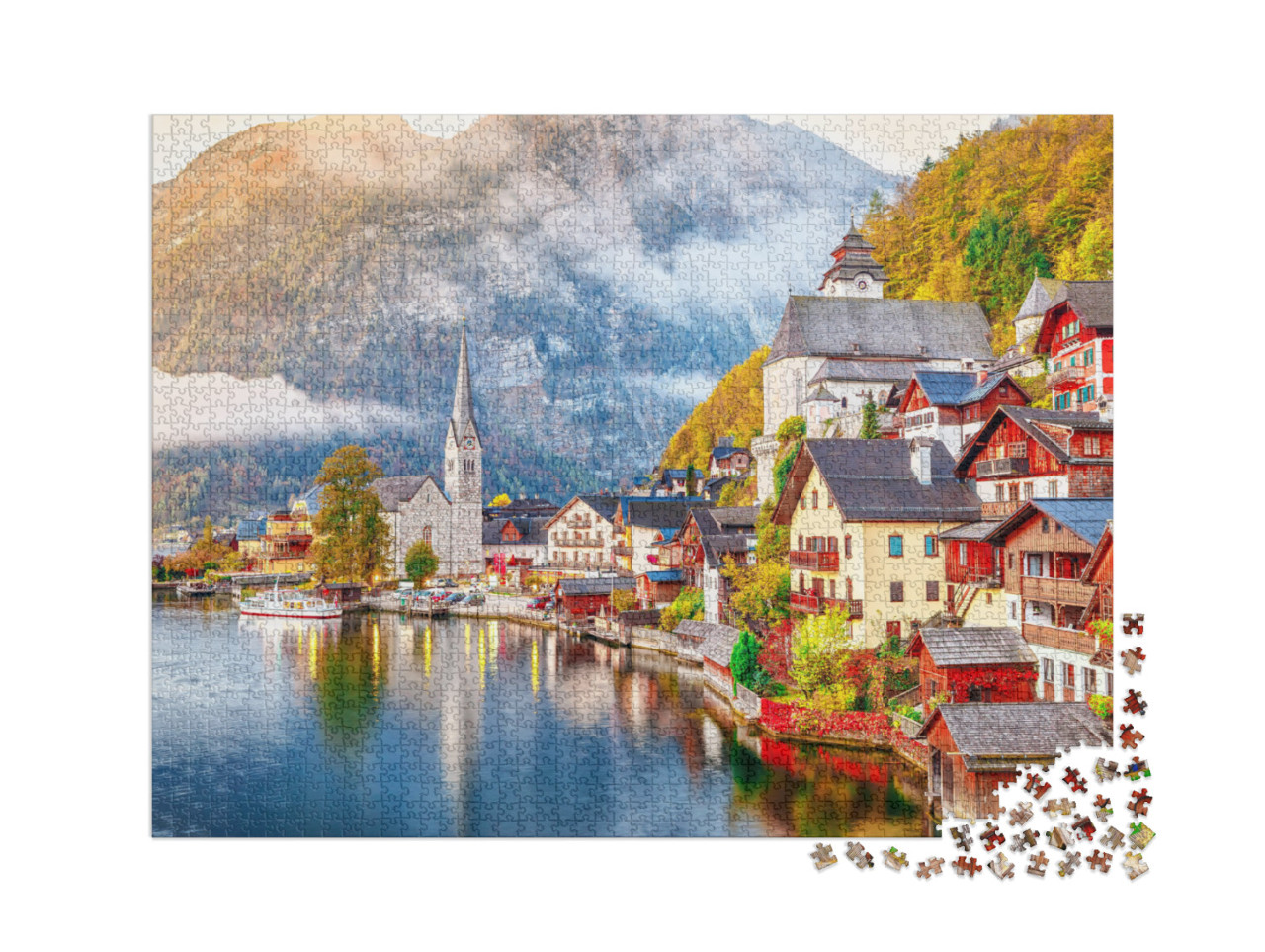 puzzle 2000 dílků „Hallstattské jezero s břehem a horami, Rakousko“