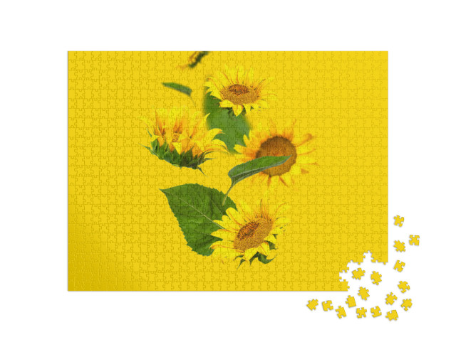 puzzle 1000 dílků „Létající žluté slunečnice, zelené listy na žlutém pozadí...“