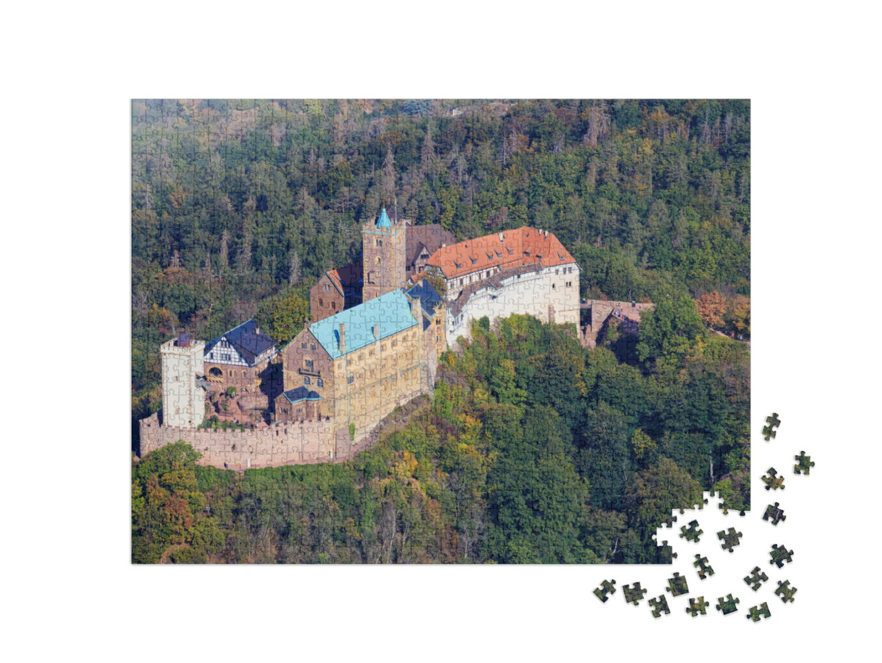 puzzle 1000 dílků „Hrad Wartburg v Eisenachu, kde Martin Luther přeložil Bibli.“