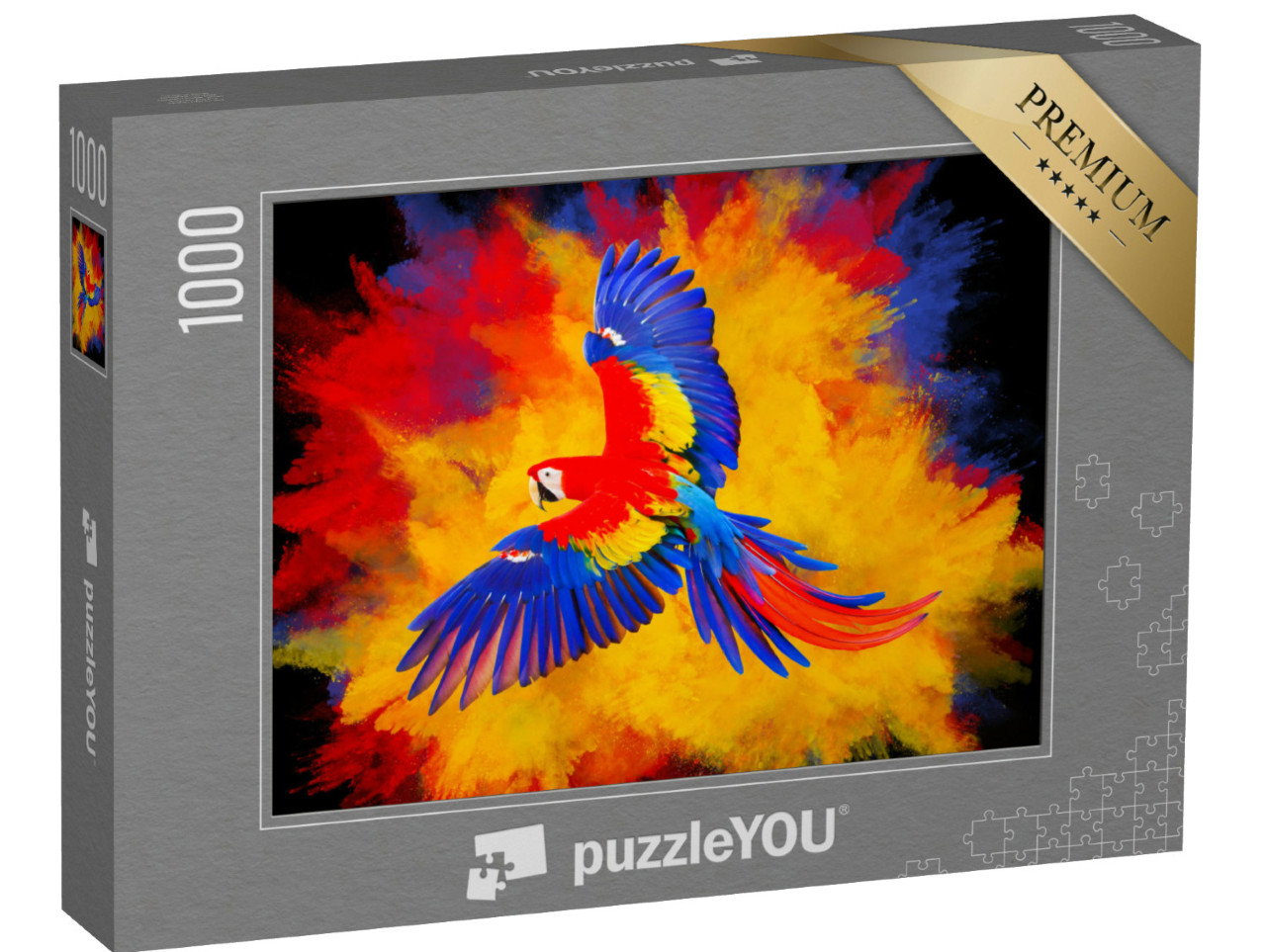 puzzle 1000 dílků „Barevná exploze prášku s létajícím papouškem makakem“