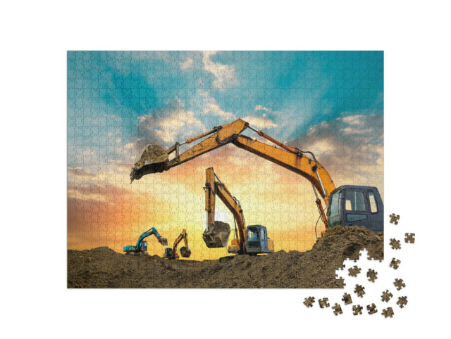 puzzle 1000 dílků „Bagry pracující na staveništi při západu slunce“