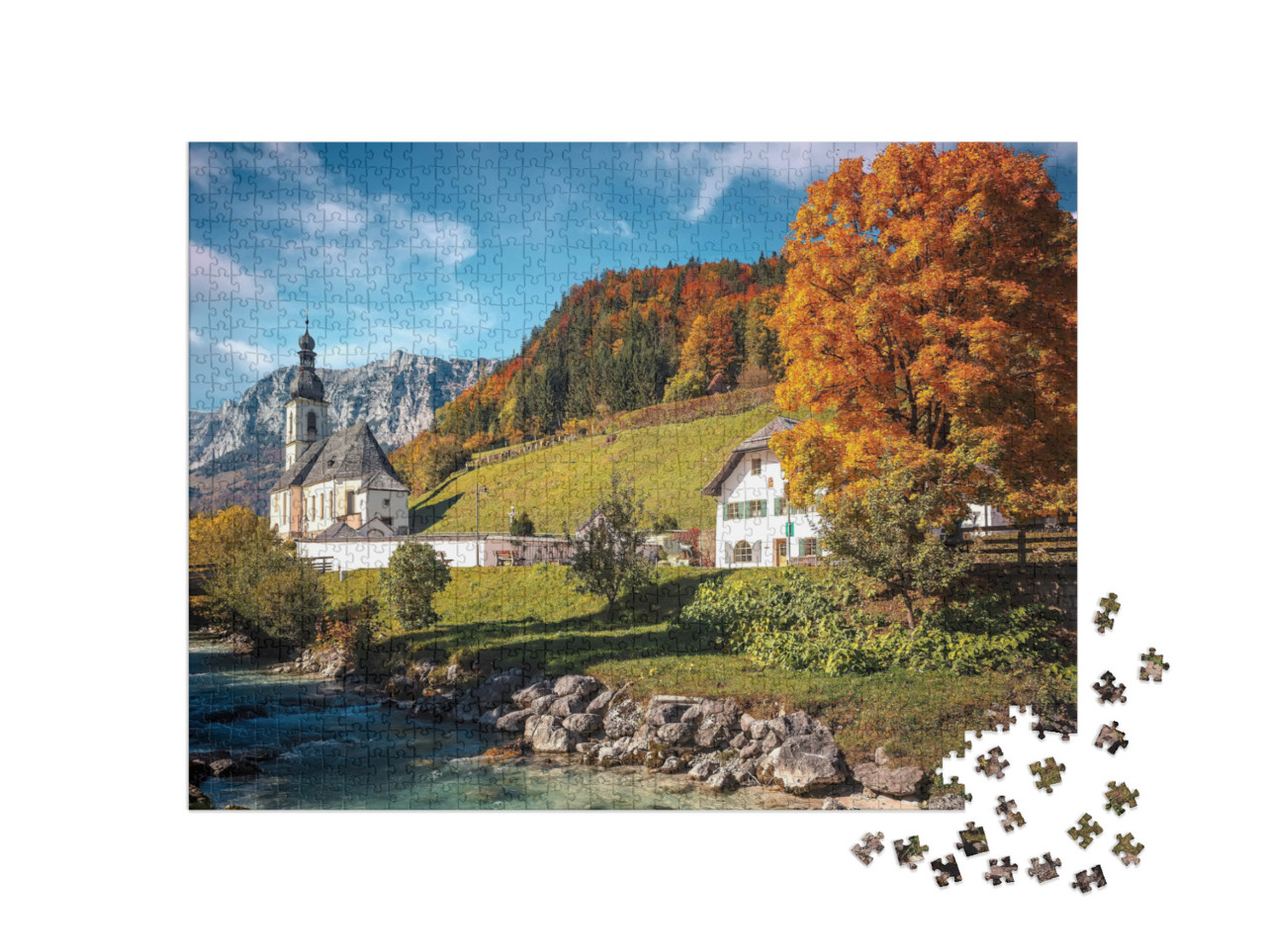 puzzle 1000 dílků „Slunečná podzimní krajina: Bavorské Alpy u Ramsau, Německo“